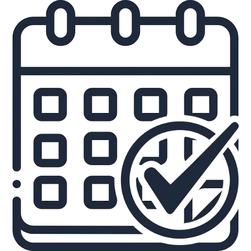 Das Bild zeigt einen stilisierten dunkelblauen Kalender mit einem Haken in der Ecke.