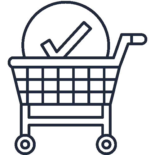Das Icon zeigt einen stilisierten Einkaufswagen in dem sich ein Kreis mit Haken befindet.