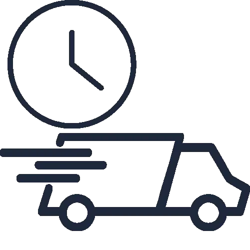 Das Icon zeigt einen stilisierten LKW mit Geschwindigkeitslinien am Heck, sowie einer Uhr in dunkelblau.